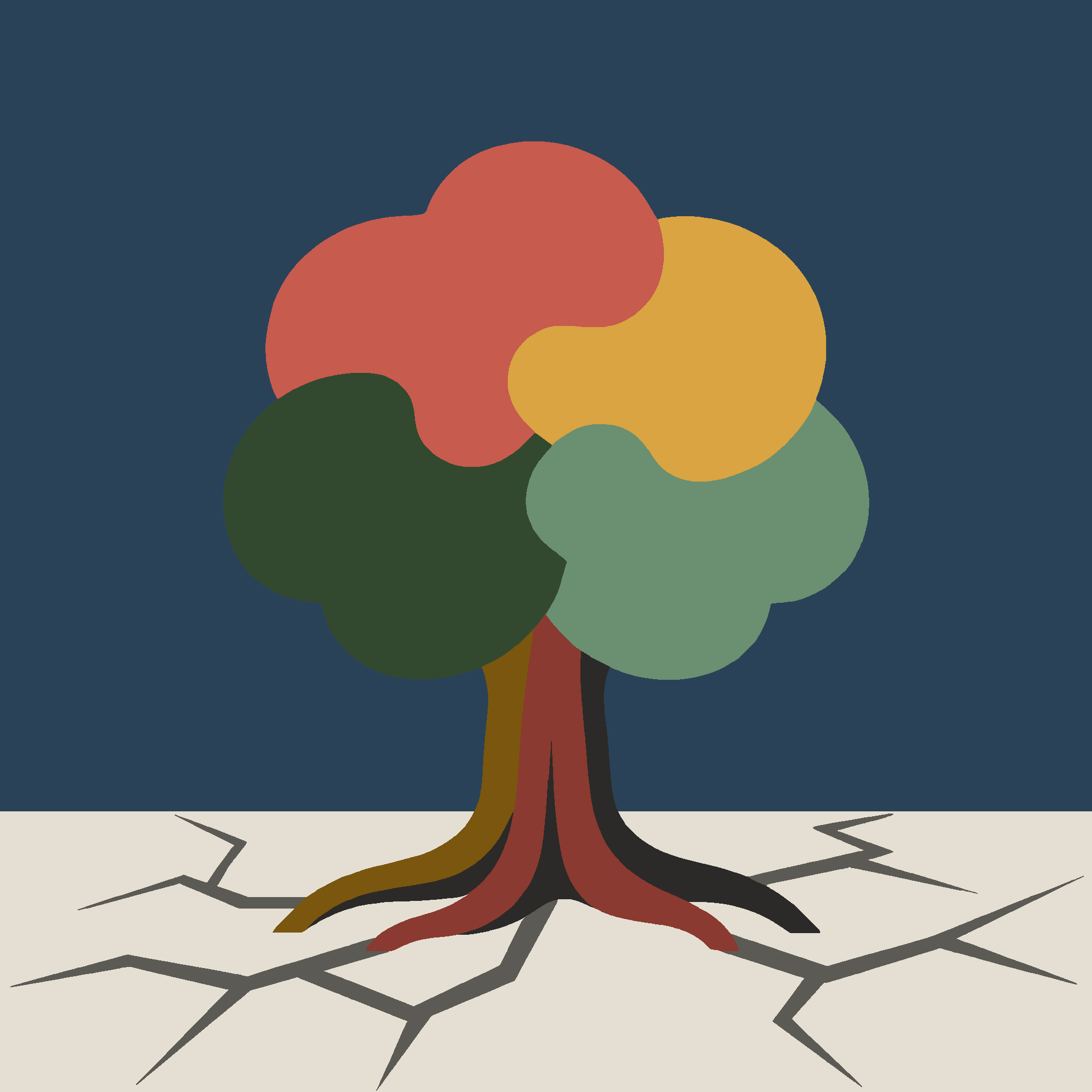 Illustrated tree standing in a cracked, drought-dry landscape.