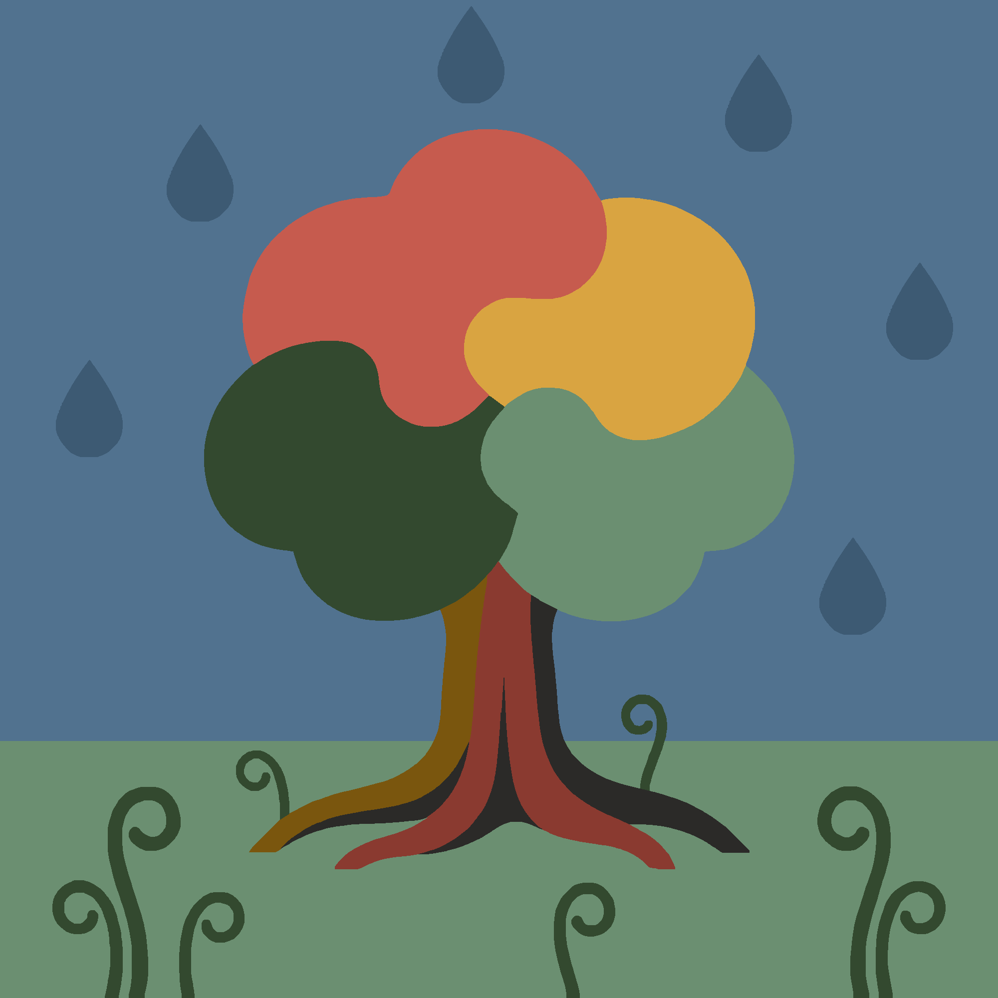 The same tree with rain falling and new sprouts breaking through the soil.