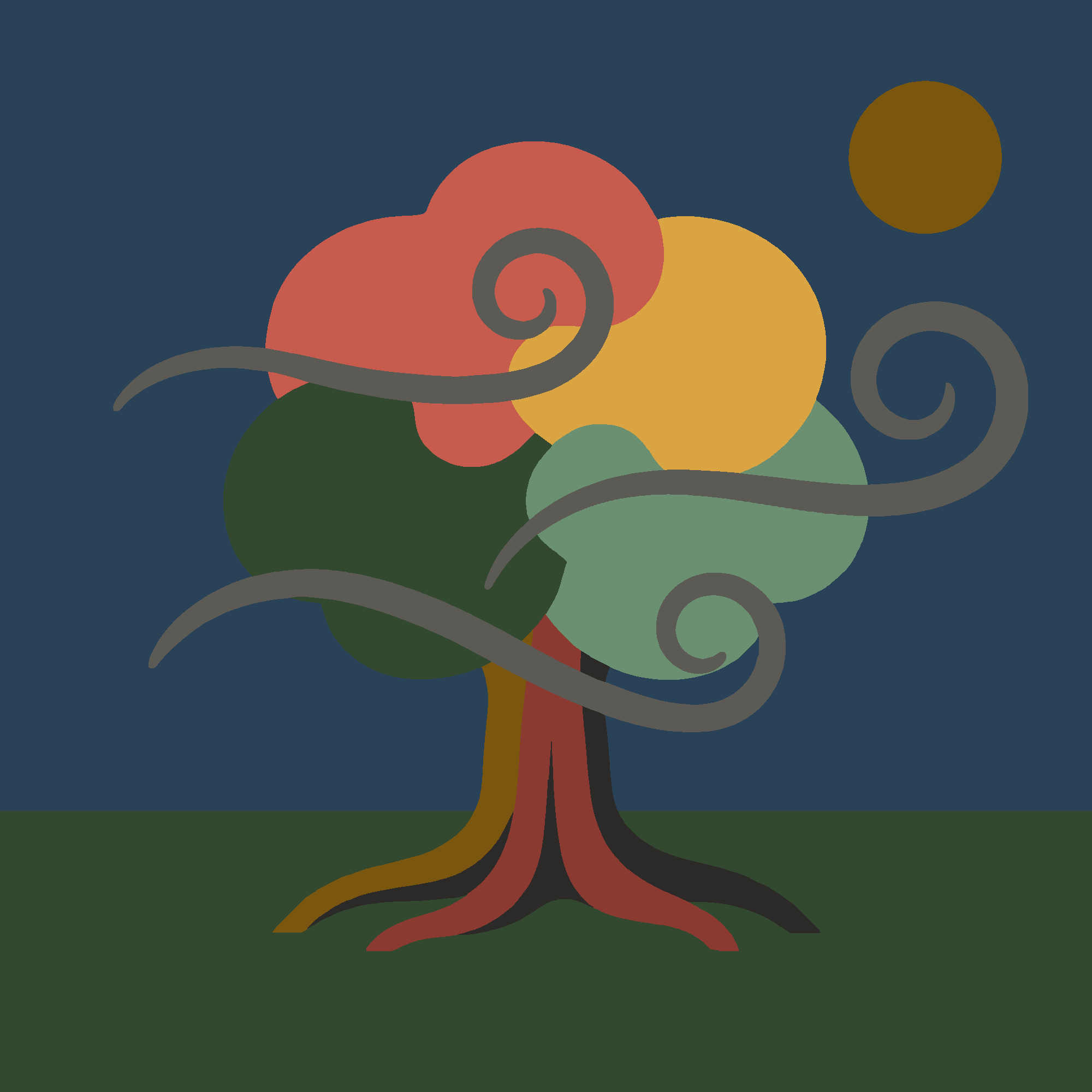 Illustrated tree bent sideways in a gale-force wind.