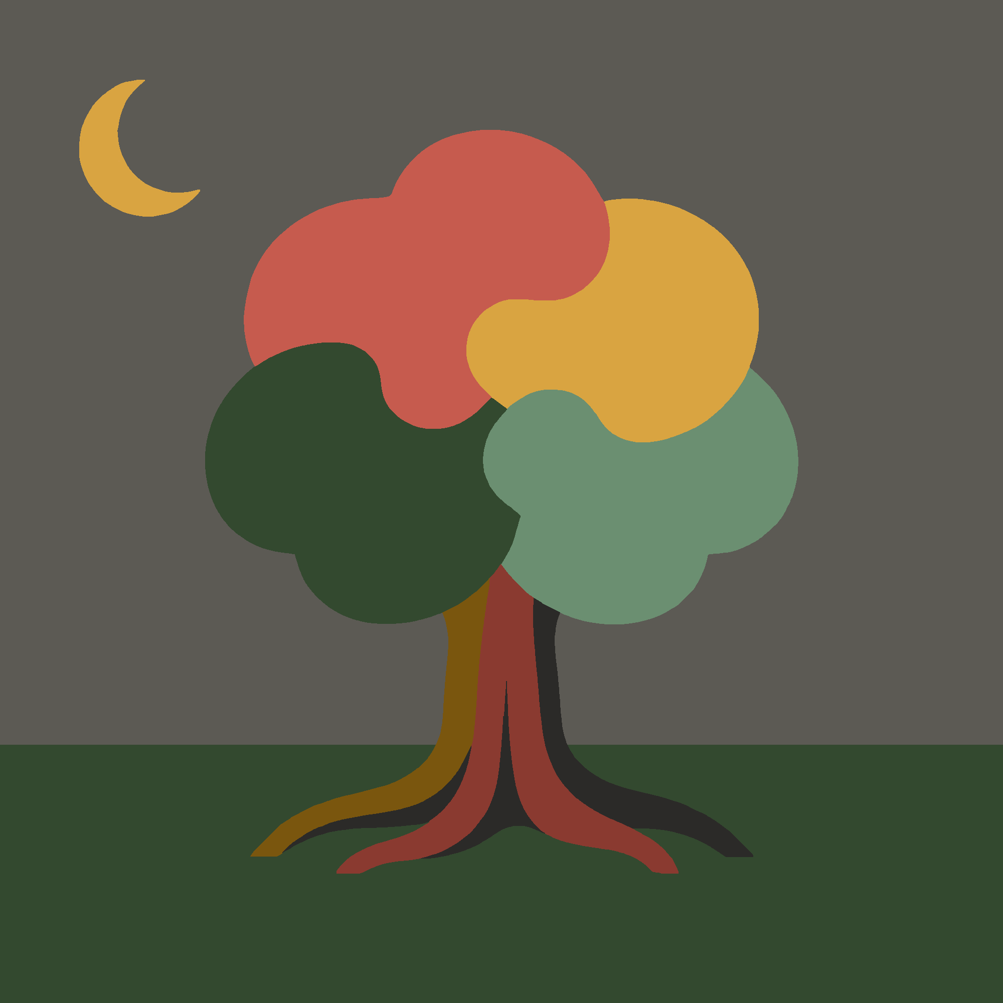 Illustrated tree at night under a dark, starless sky.