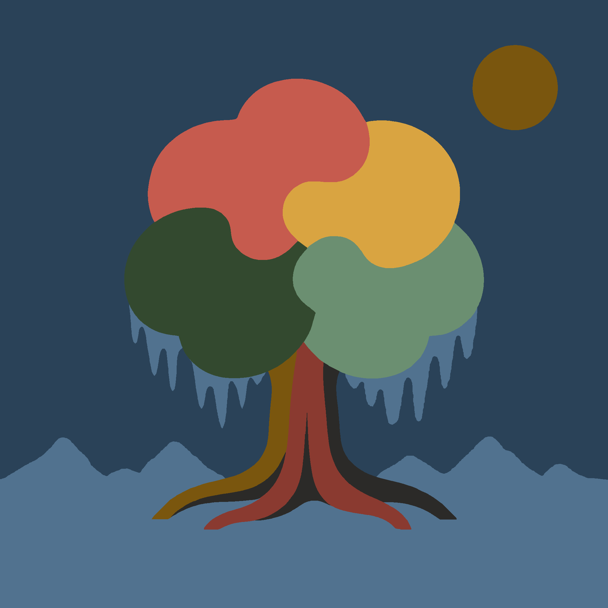 Illustrated tree encased in ice during a deep freeze.